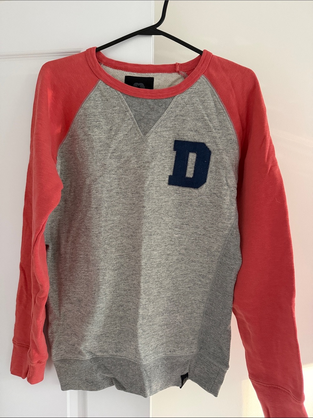 Men's Raglan Sweatshirt with Navy 'D' Patch - Gray & Coral
